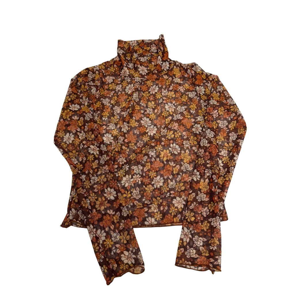 Altar'd State XS Floral Mesh Turtleneck Top Brown Orange Long Sleeve Sheer USA